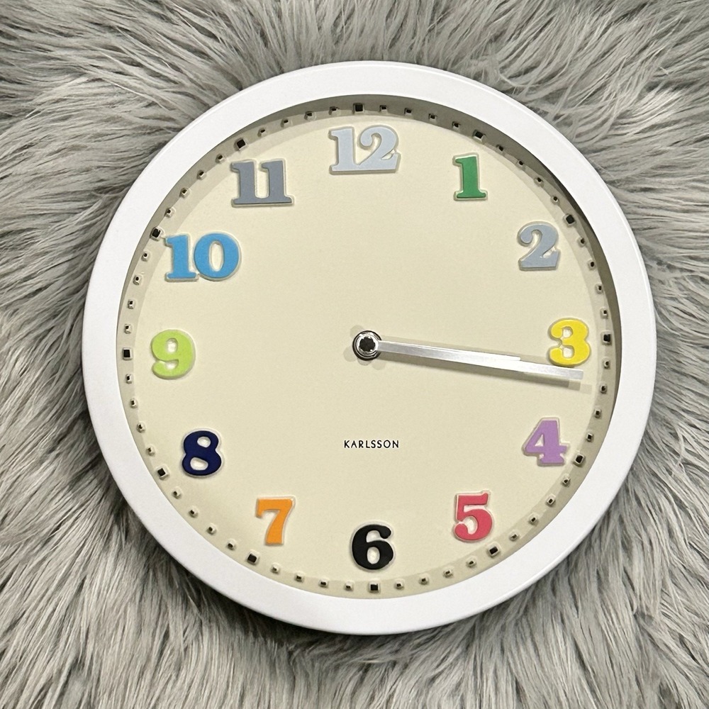 Vintage Karlsson Rainbow Colored Numbers Wall Clock Cream Face WhiteMetal Casing